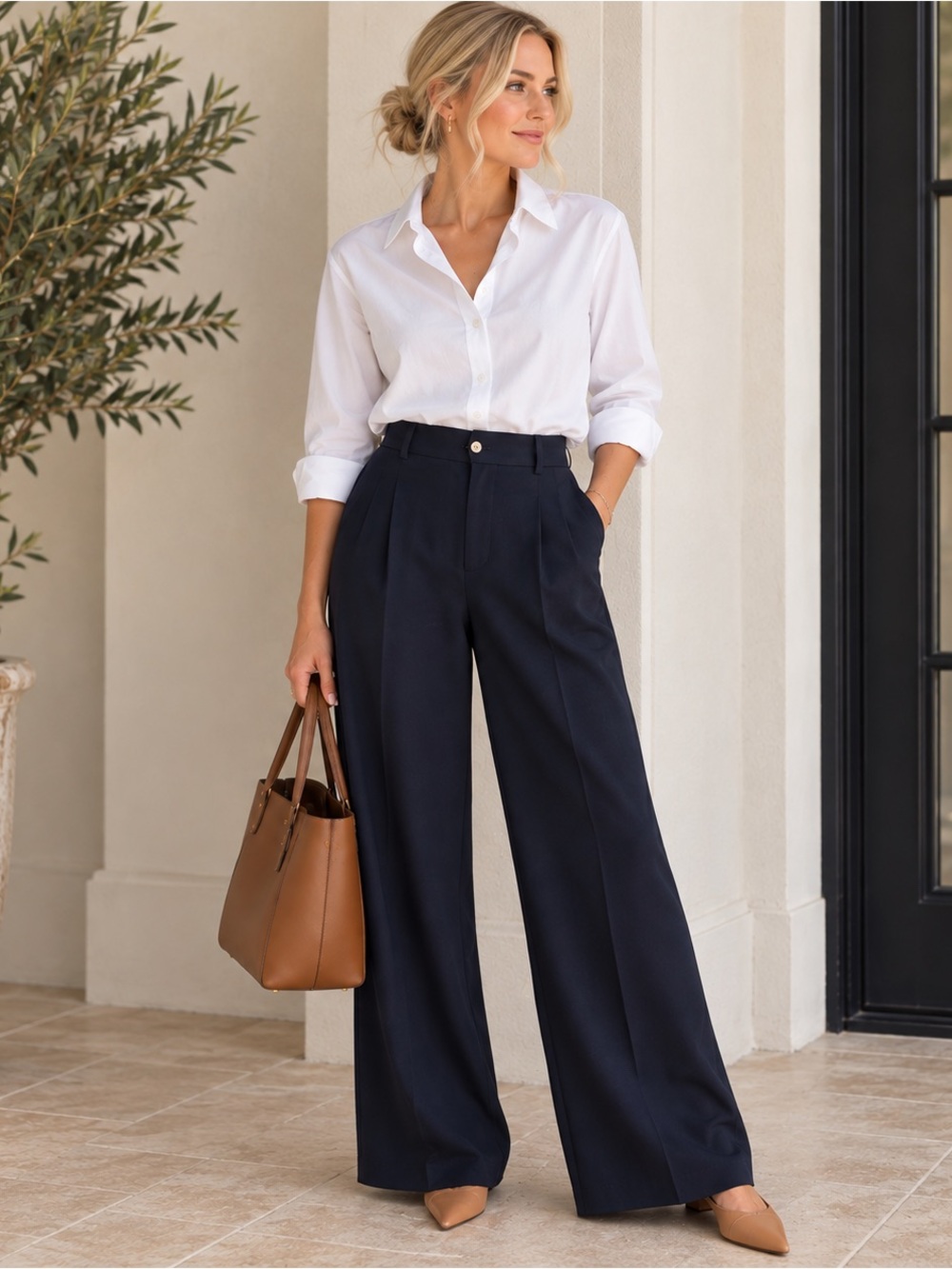 Molly Bracken Wide Leg Pleated Navy Trousers Size S NWT Career Work Quiet Luxury